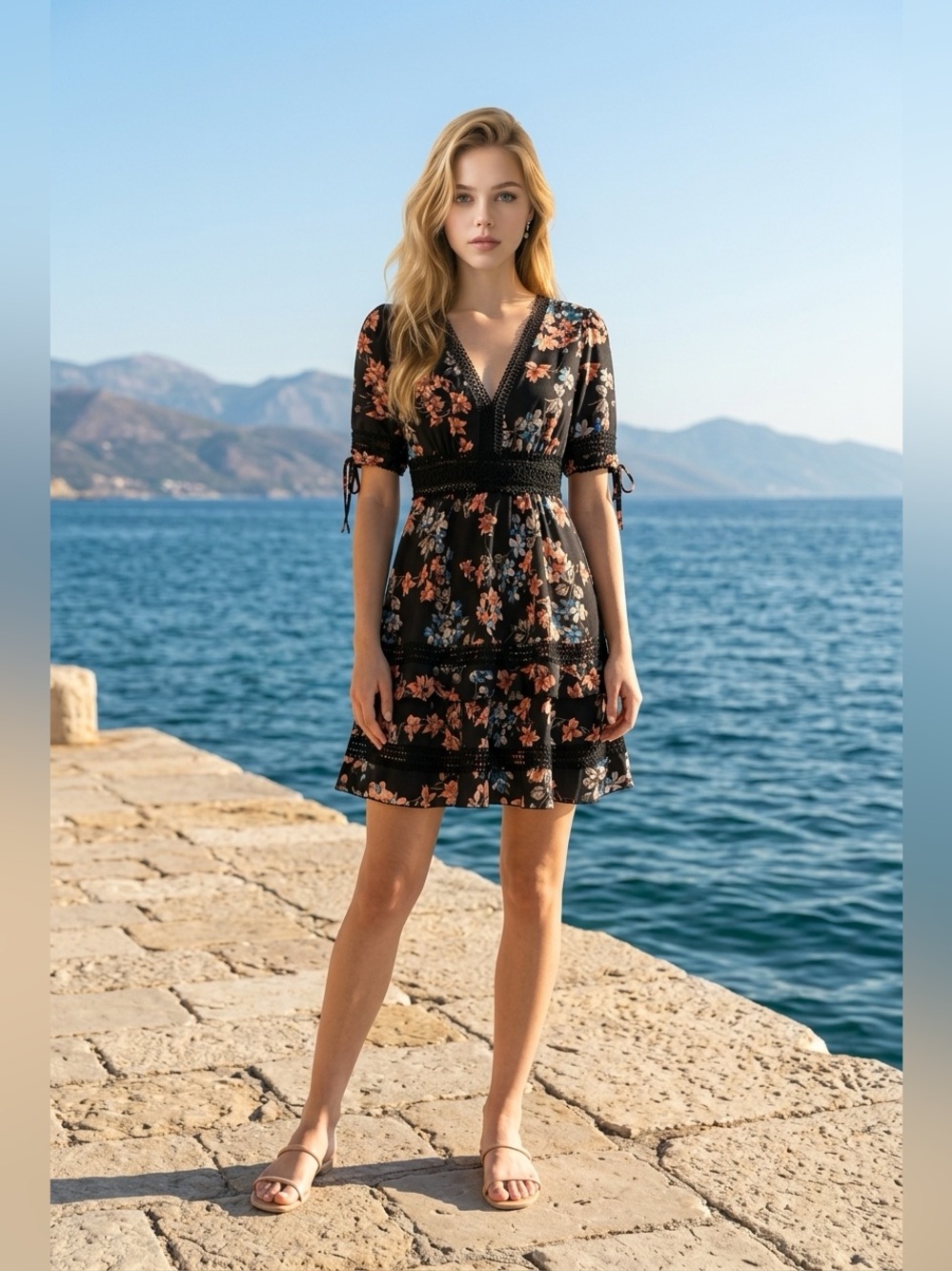 Black Floral V-Neck Short Dress